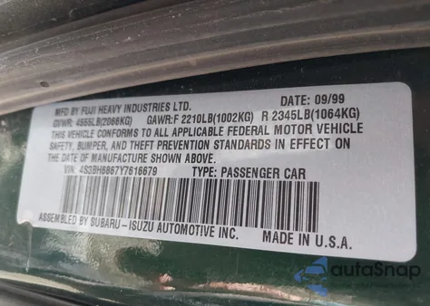 2000 Subaru Outback Limited z USA, uszkodzony, nr VIN 4S3BH6867Y7616679